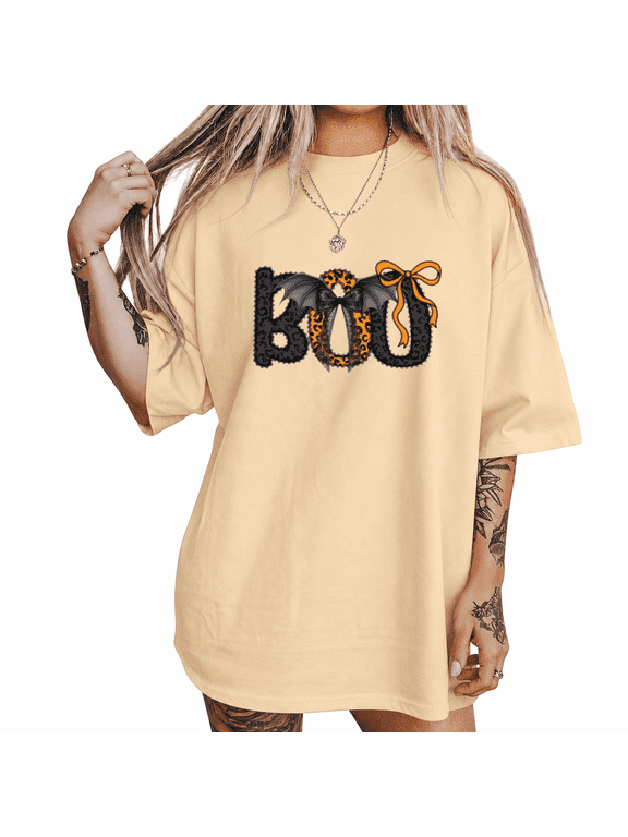 Boo Leopard Bow Graphic T-Shirt Halloween Print Short Sleeve Top