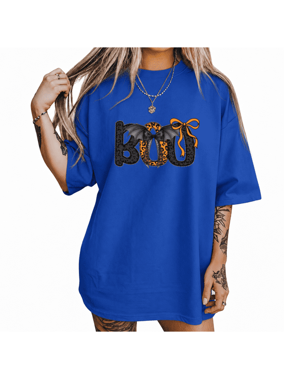 Boo Leopard Bow Graphic T-Shirt Halloween Print Short Sleeve Top