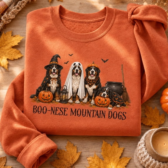 Boo-Nese Mountain Dogs Halloween Graphic Crewneck Sweatshirt for Bernese Mountain Dog Lovers
