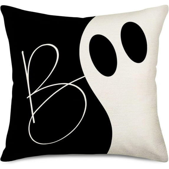 Boo Pillow Cases Halloween Decorations Pillow Covers Black White (Plain Linen Color) Ghost Pillow Halloween Quotes Home Bedroom Sofa Couch Decor Cushion Cover Cotton Linen 20x20 Inch A004