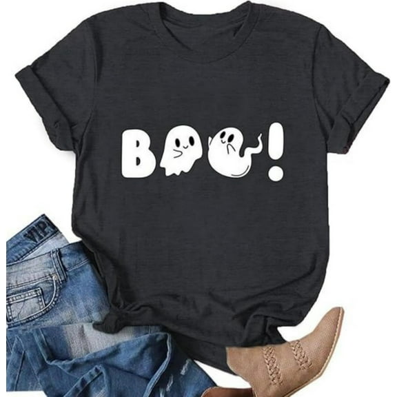 Boo Print Halloween Short Sleeve Shirt for Women