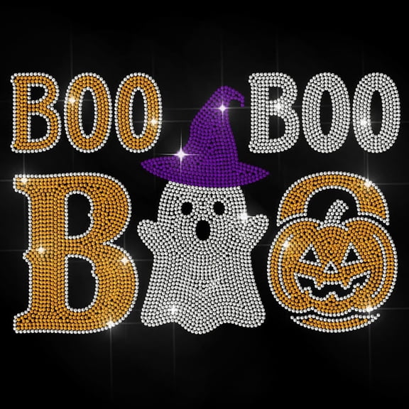 Boo Rhinestone Iron on Hotfix Transfer Pumpkin Heat Transfer Sticker Purple Wizard's Hat Bling Clothing Decoration Applique for Shirt Bag Hat Jacket Jeans Shoes DIY Crafts Colorful