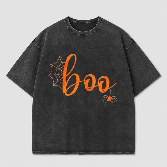 Boo Spider Web Graphic Vintage Washed Halloween Shirt for Women, Simple Spooky Tee
