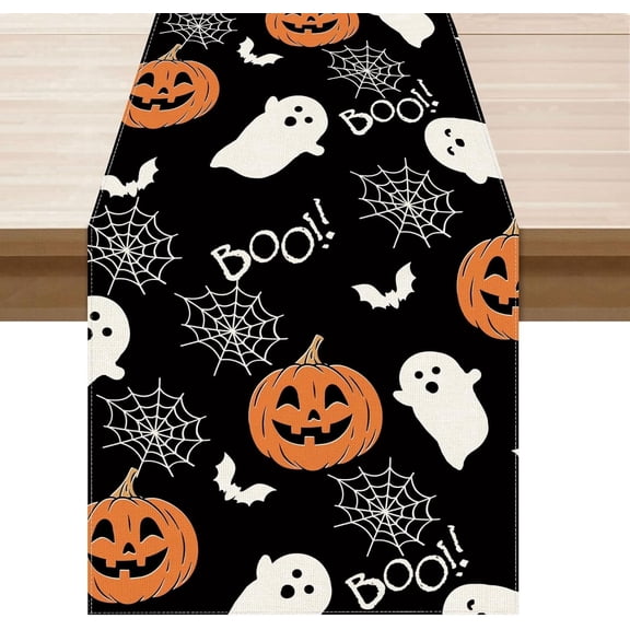 Ghost Pumpkin Halloween Table Runner, Burlap Table Decoration for Home Kitchen Dining Dinner ( 13" x 72")