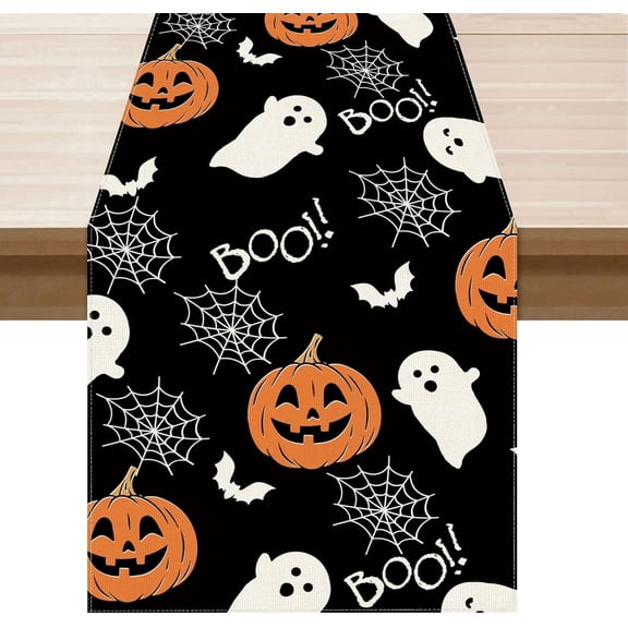 Boo Spooky Ghost Pumpkin Halloween Table Runner Burlap Table Decoration for Home Kitchen Dining Dinner Indoor Holiday Farmhouse Decor 13x36 Inch
