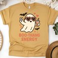 thumbnail image 1 of Boo Thang Energy Ghost Graphic Tee | Cute Bubble Tea Shirt for Women, Gold, Size M, 1 of 6
