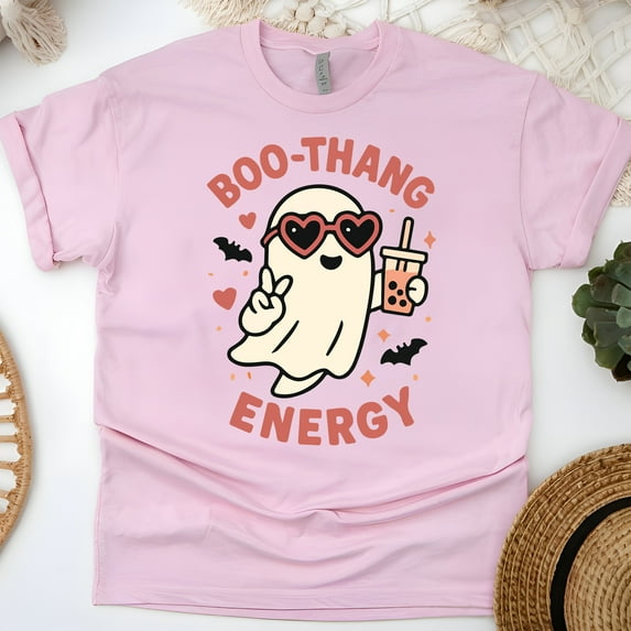 Boo Thang Energy Ghost Graphic Tee | Cute Bubble Tea Shirt for Women, Light Pink, Size L