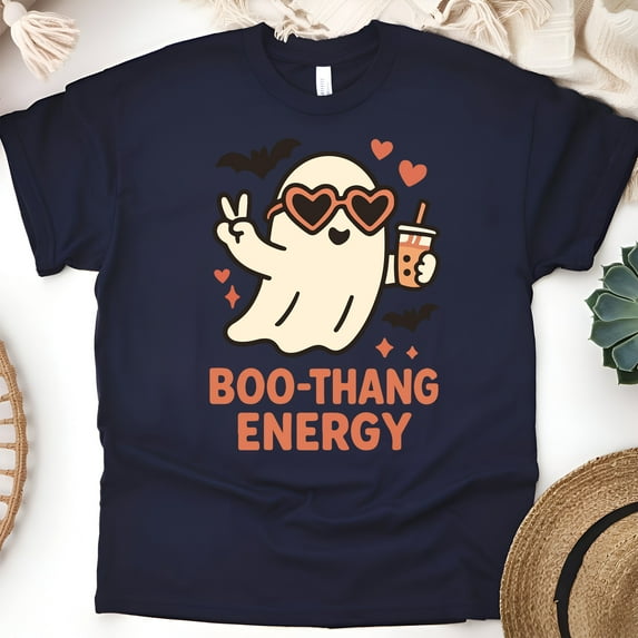 Boo Thang Energy Ghost Graphic Tee | Cute Bubble Tea Shirt for Women, Navy, Size S