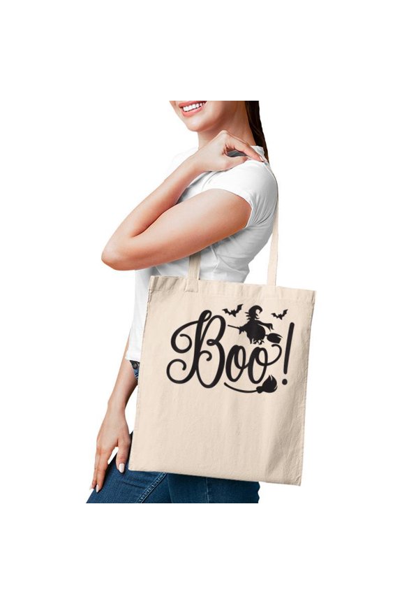 Boo Witch On Broom With Bats Halloween Costume Party Tote Bag
