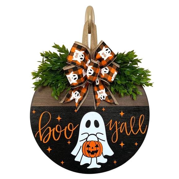 Boo Y'all Halloween Door Sign, 12 inch Round Wooden Front Door Hanger with Ghost and Pumpkin, Buffalo Plaid Bow, Faux Greenery, Farmhouse Porch Decor