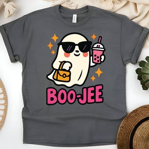Boo-jee Graphic Tee Funny Ghost with Bubble Tea and Purse Shirt, Dark Heather, Size M