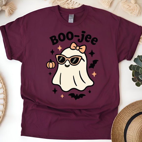 Boo-jee Shirt | Cute Ghost Graphic Tee with Sunglasses | Unisex T-Shirt, Maroon, Size XL