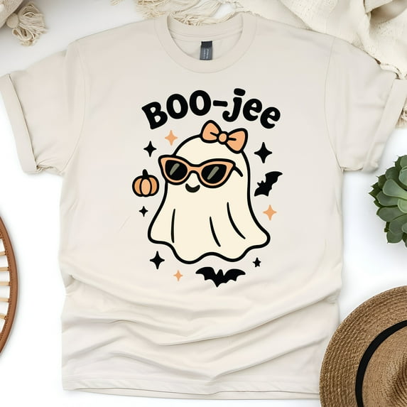 Boo-jee Shirt | Cute Ghost Graphic Tee with Sunglasses | Unisex T-Shirt, Natural, Size XL