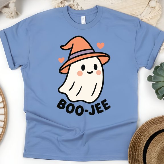 Boo-jee Shirt | Cute Ghost Graphic Tee with Witch Hat | Unisex Casual T-Shirt, CarolinaBlue, Size 3XL