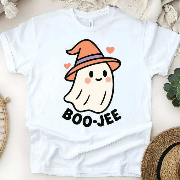 Boo-jee Shirt | Cute Ghost Graphic Tee with Witch Hat | Unisex Casual T-Shirt, White, Size XL