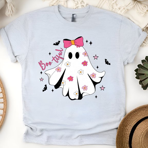 Boo-tiful Ghost T-Shirt | Cute Pink Floral Halloween Graphic Tee, Ash, Size S