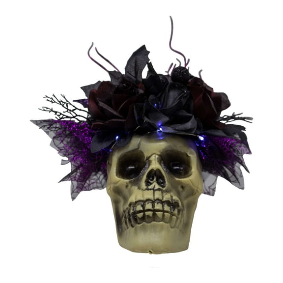 Boo-tiful Purple and Black Halloween Skull Bouquet with Fairy Lights