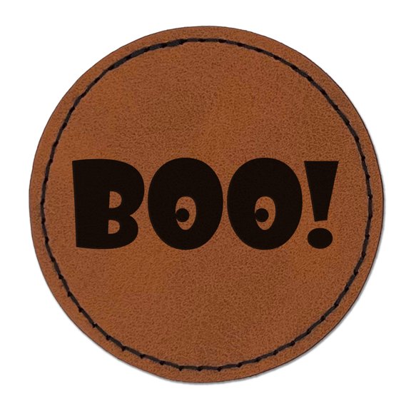Boo with Eyes Halloween Fun Text 2.5" Faux Leather Round Engraved Iron-On Patch - Brown