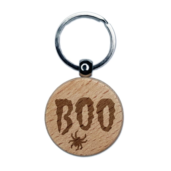 Boo with Spider Halloween Round Keychain Charm Tag - Engraved Wood