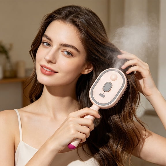 BooBubble Rechargeable Steam Hair Brush, Detangling Straightener with Mist Spray, Helps Smooth Frizz & Soften Hair, #D
