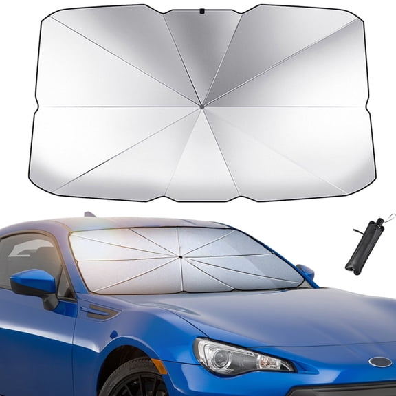 BooBubble Windshield Sun Shade Umbrella for Car with 10 Shafts Car Front Sunshade UV Protector for Car Foldable Protector with Soft Drawstring Pull Ring, 55 x 31.5 Inches