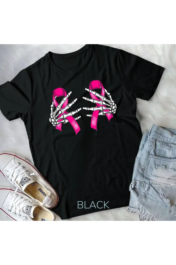 Boob Skeleton Hand On Breast Cancer Ribbon Halloween Unisex T-shirt