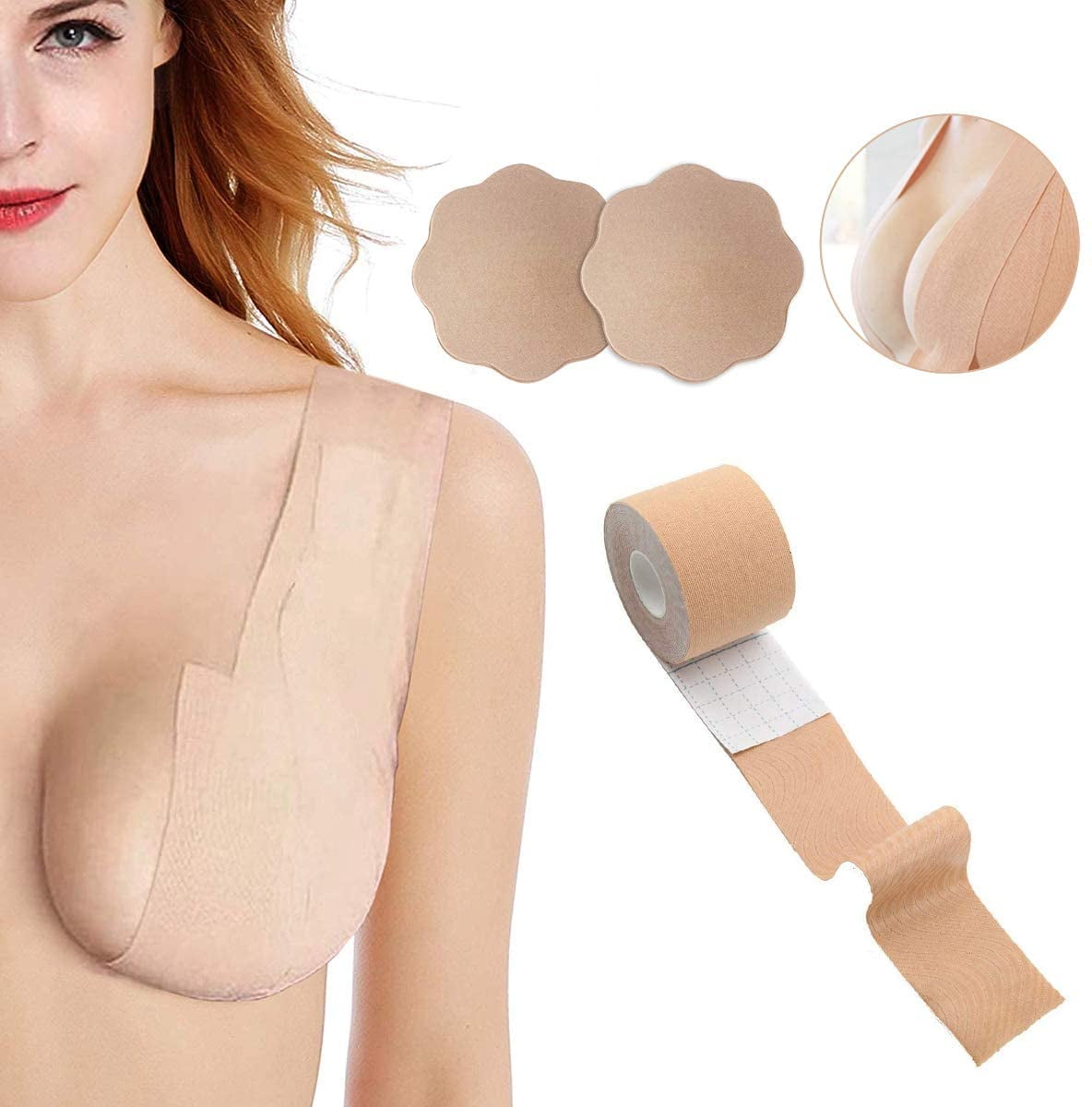 Boob Tape - Breast Lift Tape, Body Tape for Breast Lift w 2 Pcs Silicone  Breast Reusable Adhesive Bra, Bob Tape for Large Breasts A-G Cup, Beige 