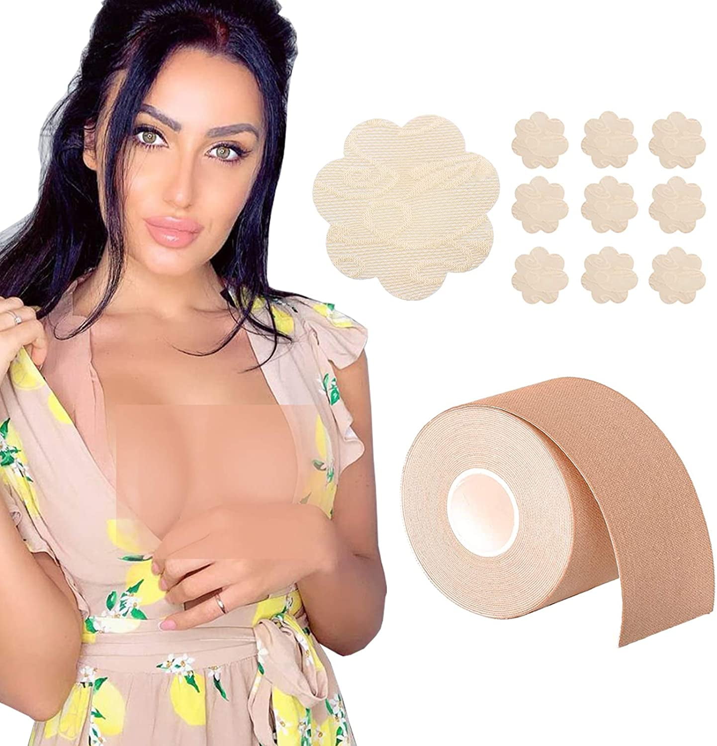 Boobs Tape - Breast Lift Tape 2 x 16 and 10 Pair Disposable Round Nipple  Cover, Push up Boobs A to DD Cup Adhesive Bra … Beige