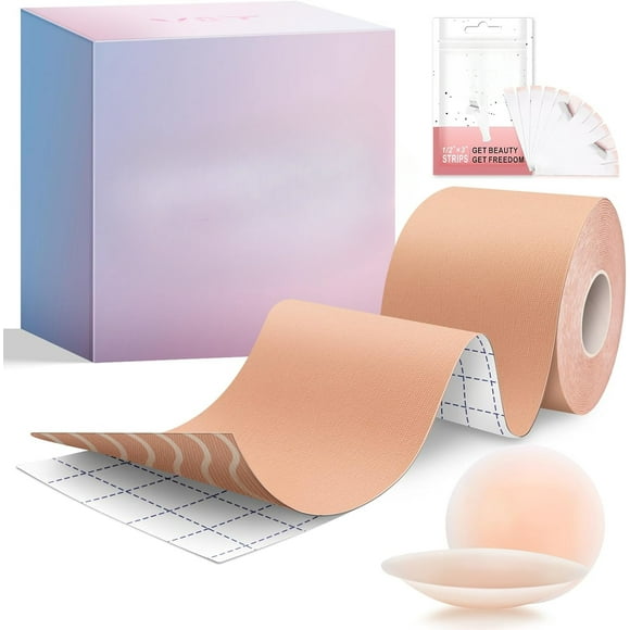 Boob Tape - Breast Lift Tape, Body Tape for Breast Lift w 2 Pcs Silicone Breast Reusable Adhesive Bra, Bob Tape for Large Breasts A-G Cup, Nude