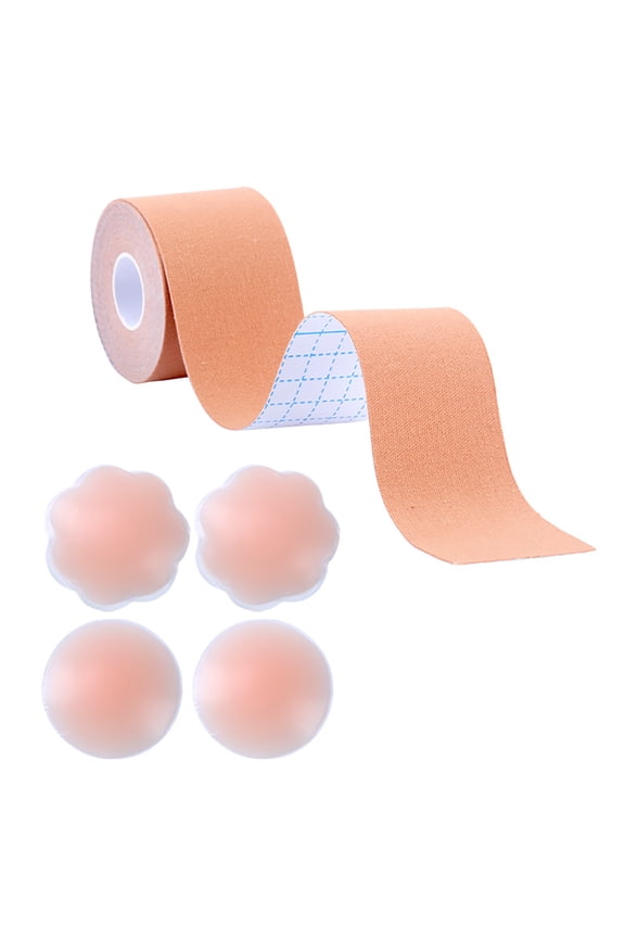 Boob Tape, Instant Breast Lift Tape for A-G, Bob Tape for Breast Lift with 1 Breast Tape, 1 Pair Round Silicone Nipple Covers, 1 Pair Petals Silicone Nipple Covers(2inch)