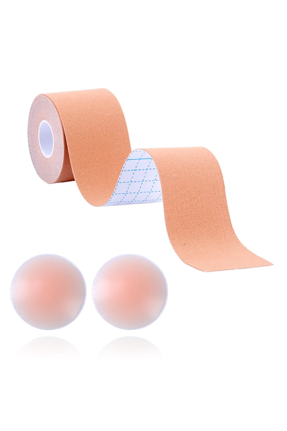 Boob Tape, Instant Breast Lift Tape for A-G, Bob Tape for Breast Lift with 1 Breast Tape,1 Pair Silicone Round Nipple Stickers(2inch)