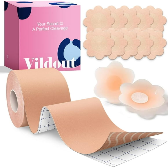 Boob Tape Kit -Boobtape for Breast Lift with Petals and Covers, Breathable Sticky Adhesive Bra Tape, Push Up Boobytape for Breast Lift, Breast Tape Suitable for Large Breasts A-G Cup Beige