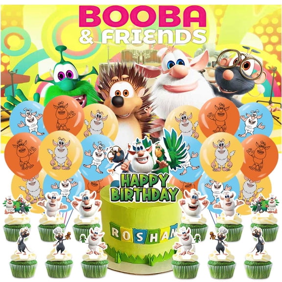 Booba Birthday Party Decor Set - 5x2.3ft Themed Backdrop Banner, Latex Balloons & Cake Toppers Party Supplies