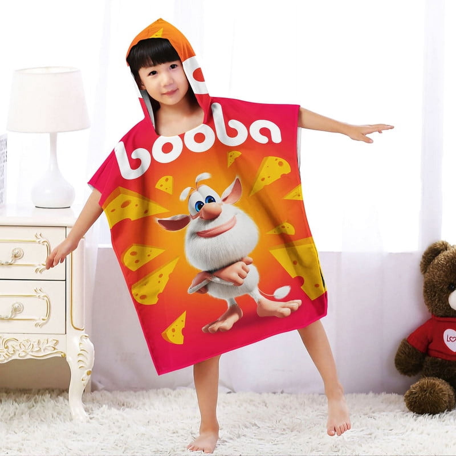 Booba Boys and Girls Hooded Poncho Towels, Soft & Absorbent Microfiber Beach Towel, Swimming Pool Changing Robe Bathrobe Bath Towel