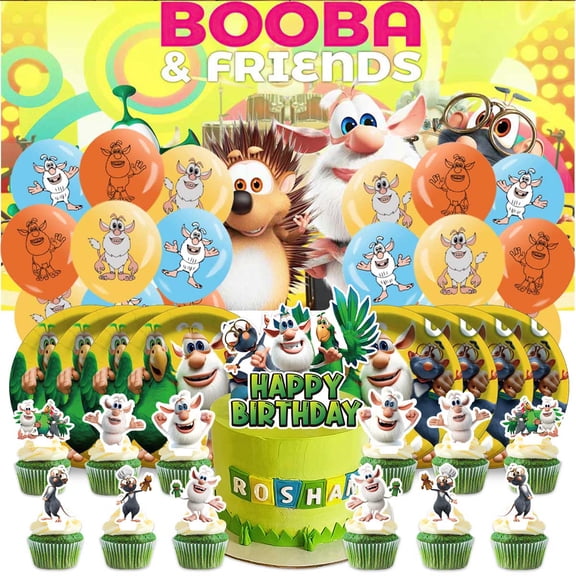 Booba Themed Birthday Party Decor Set - Balloons, Paper Plates, Cake Toppers, Tableware & 5x2.3ft Backdrop Banner