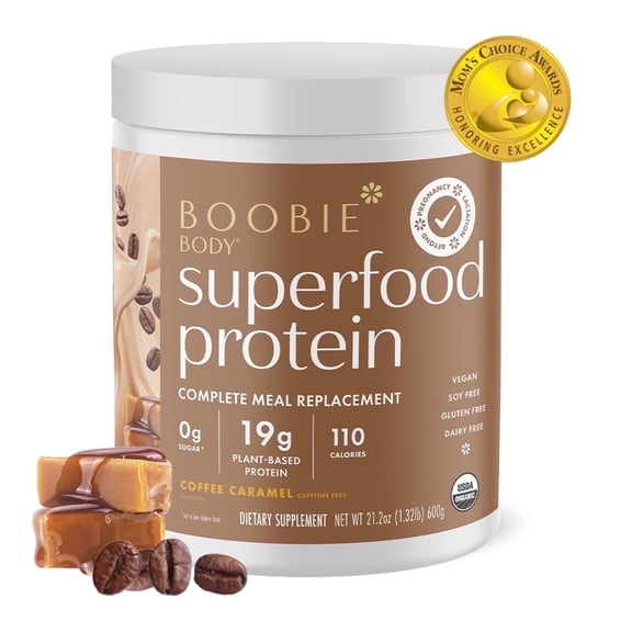 Boobie Body Organic Superfood Plant-Based Protein Shake, Coffee Caramel, [21.3oz, 1 Tub]
