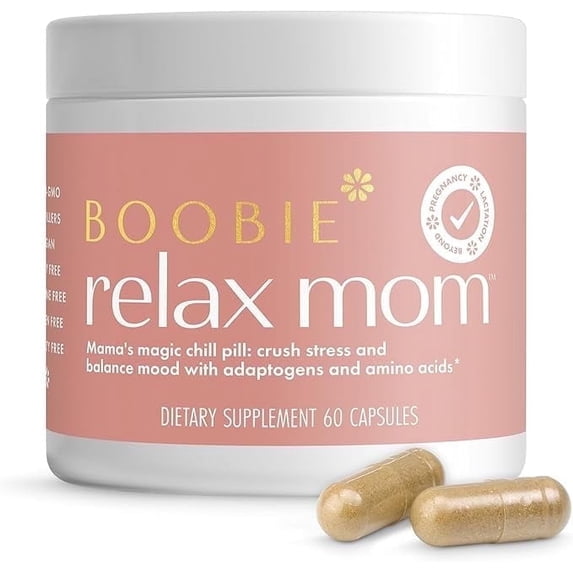 Boobie Relax Mom, Postpartum Stress Support Supplement | Lactation Approved | Mood and Energy Support with Ashwagandha & L-Theanine, 60 Capsules