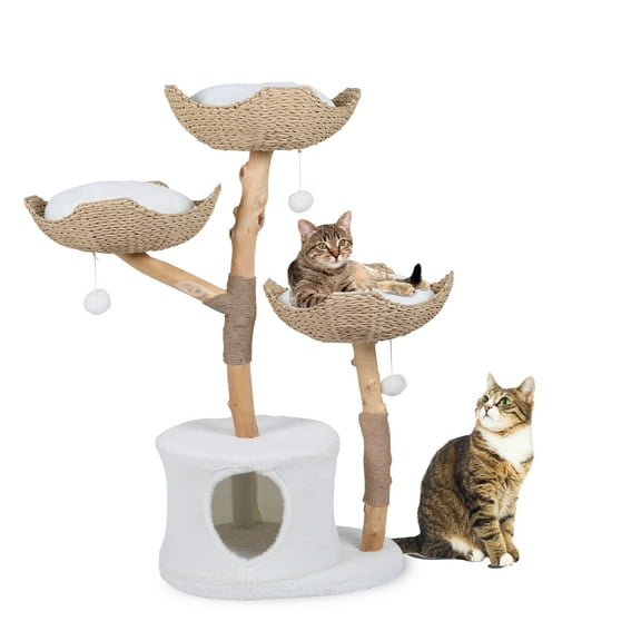 Booga, Inc. Modern Cat Tree with Multiple Levels, Real Wood Cat Tower, Luxury Cat Furniture for Climbing, Scratch Free Rope with Pom-Pom, Cat Bed, Fits up to 4 Cats, Ideal for Large or Small Cats