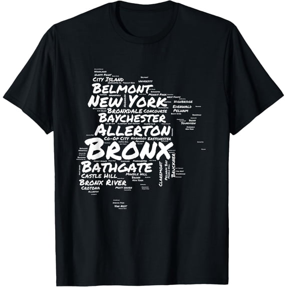 Boogie Down Bronx Neighborhoods Word Cloud Bronx New York T-ShirtMen and women, Black T-shirt, size: Extra large