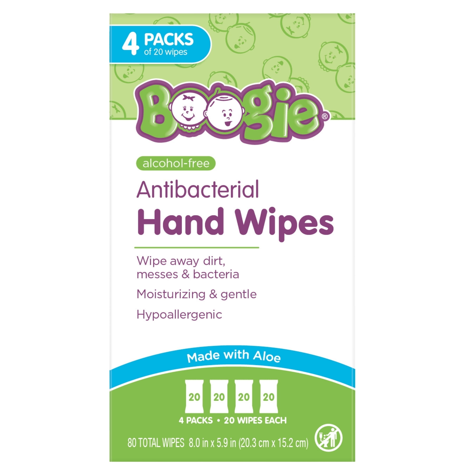 Boogie Antibacterial Hand Wipes, Hypoallergenic & Alcohol-Free, 80 Count