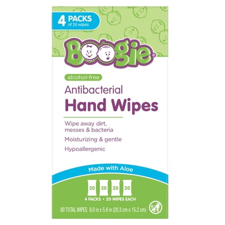 Boogie Antibacterial Hand Wipes, Hypoallergenic & Alcohol-Free, 80 Count