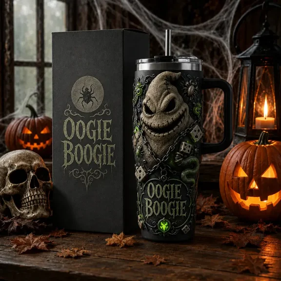 Boogie Man Nightmare Christmas Halloween Spooky 40oz Tumbler with Handle and Straw, Insulated Stainless Steel Travel Mug, Dark Graphic Drink Cup for Coffee, Water and Trips