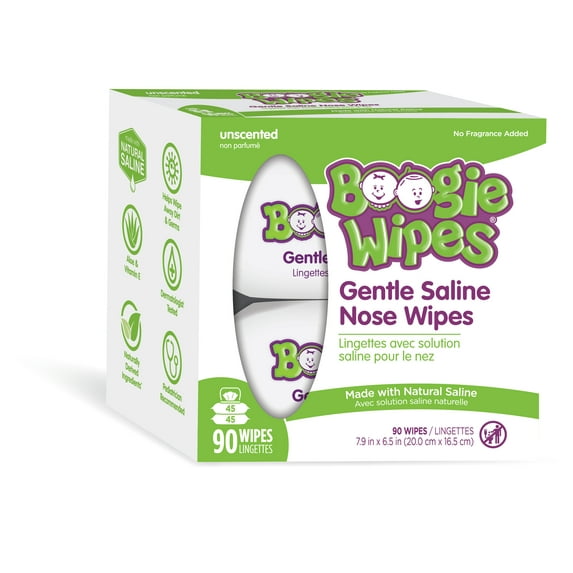 Boogie Wipes Gentle Saline Wet Wipes for Runny or Dry Nose, Hypoallergenic, Fragrance-Free Unscented, 90 Count