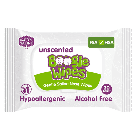 Boogie Wipes Saline Nose Wipes, Hypoallergenic & Alcohol-Free, Unscented, 30 Count
