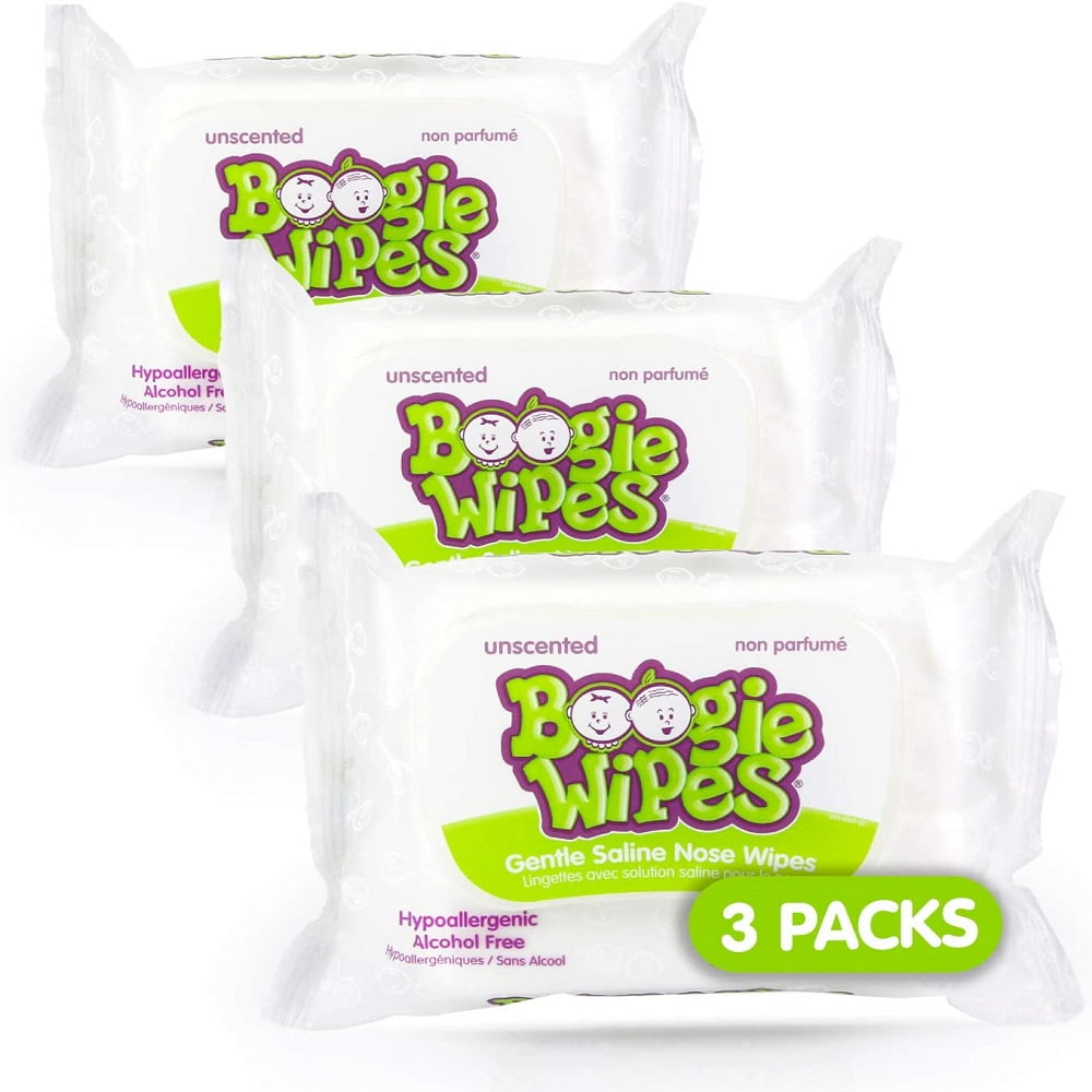 Boogie Wipes Natural Saline Kids and Baby Nose Wipes for Cold and Flu, Unscented, 30 Count (Pack of