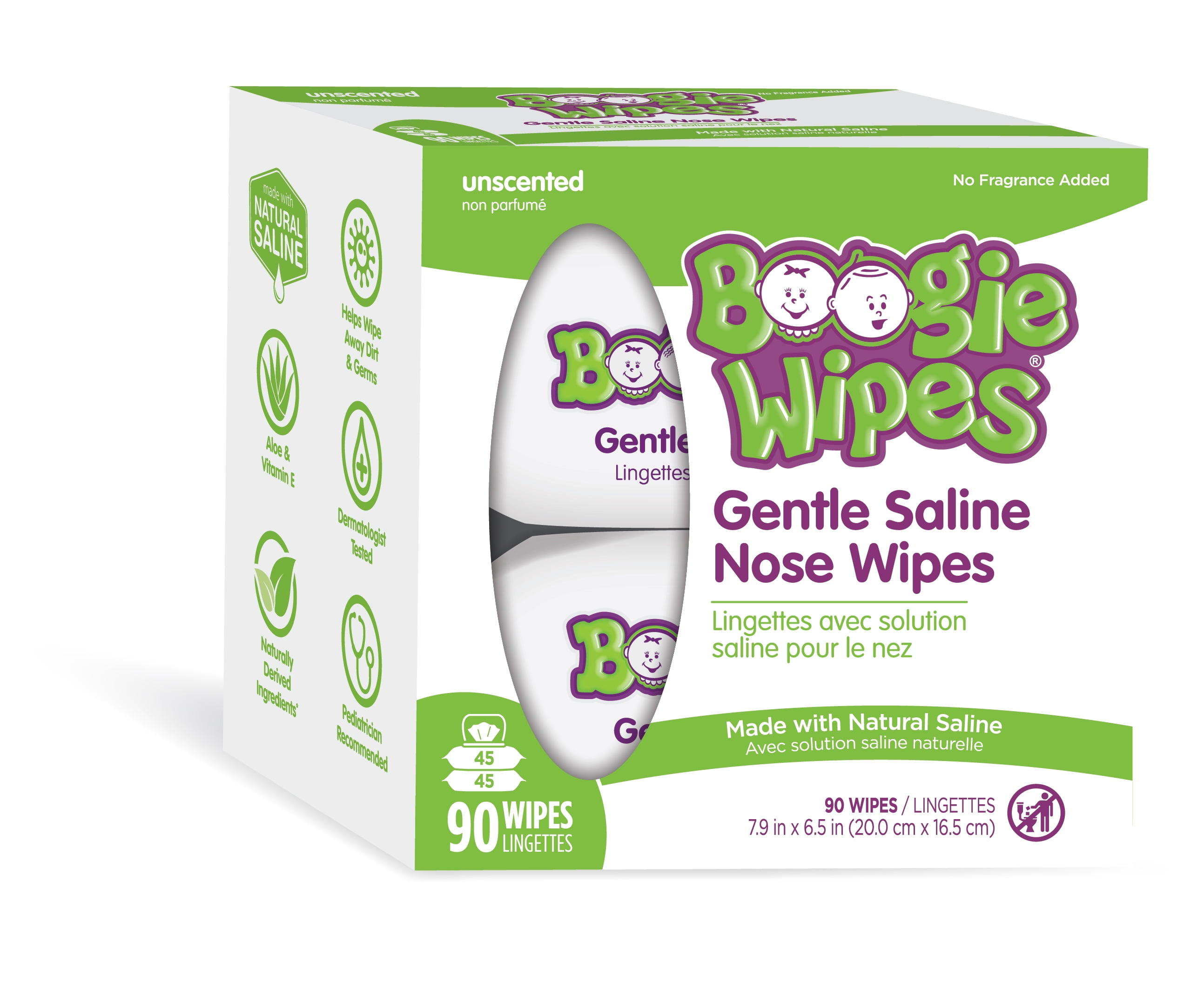 Boogie Wipes Gentle Saline Wet Wipes for Runny or Dry Nose, Hypoallergenic, Fragrance-Free Unscented, 90 Count