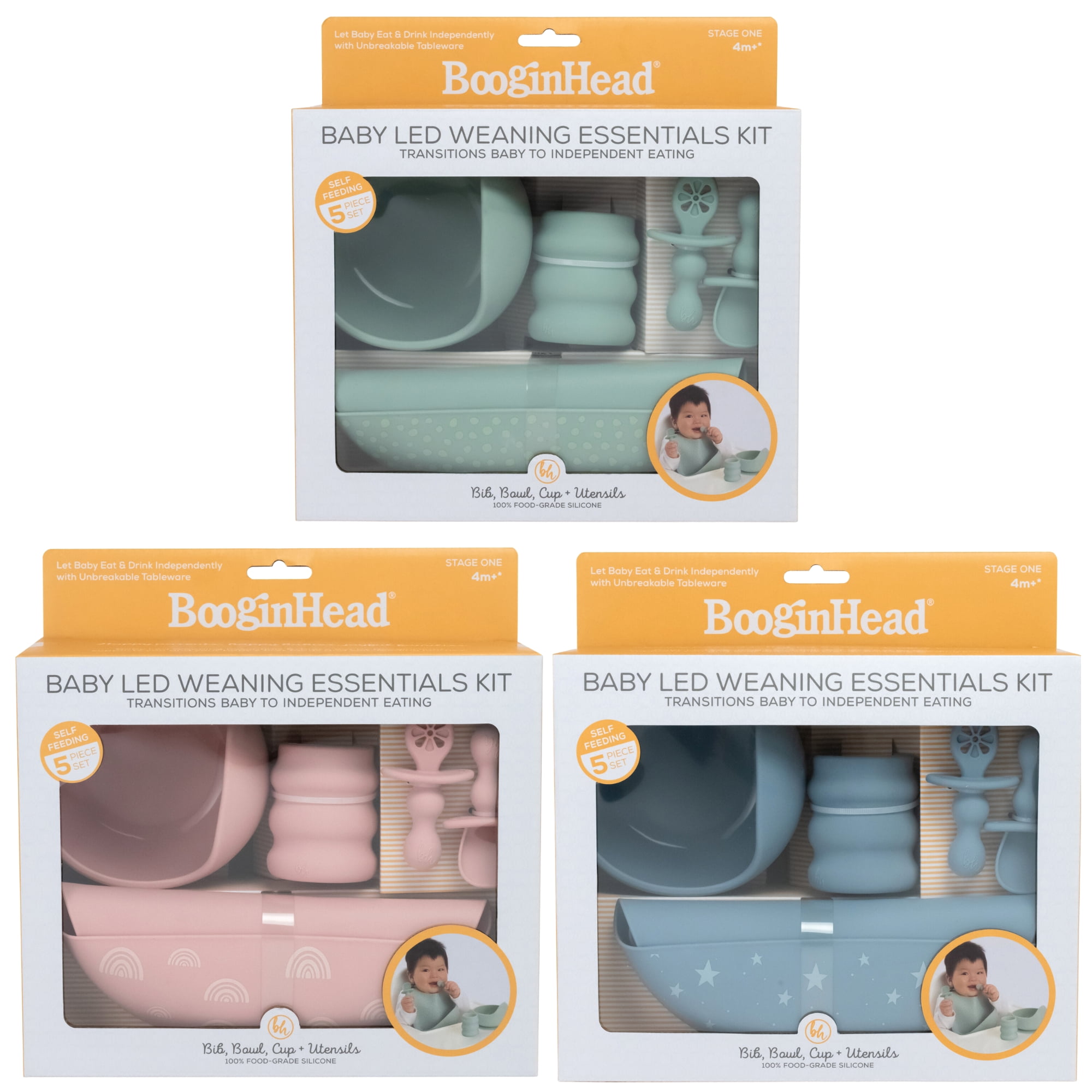 BooginHead 5-Piece Baby-Led Weaning Silicone Tableware, Infants and Toddler Boys and Girls, 4-Way In-Store Display Pink Blue Green