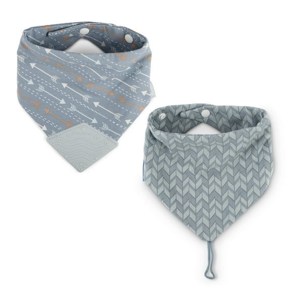 BooginHead Bandana Teether, Pacifier Holder Bibs for Infant Boys and Girls, 2-Pack Blue Arrows