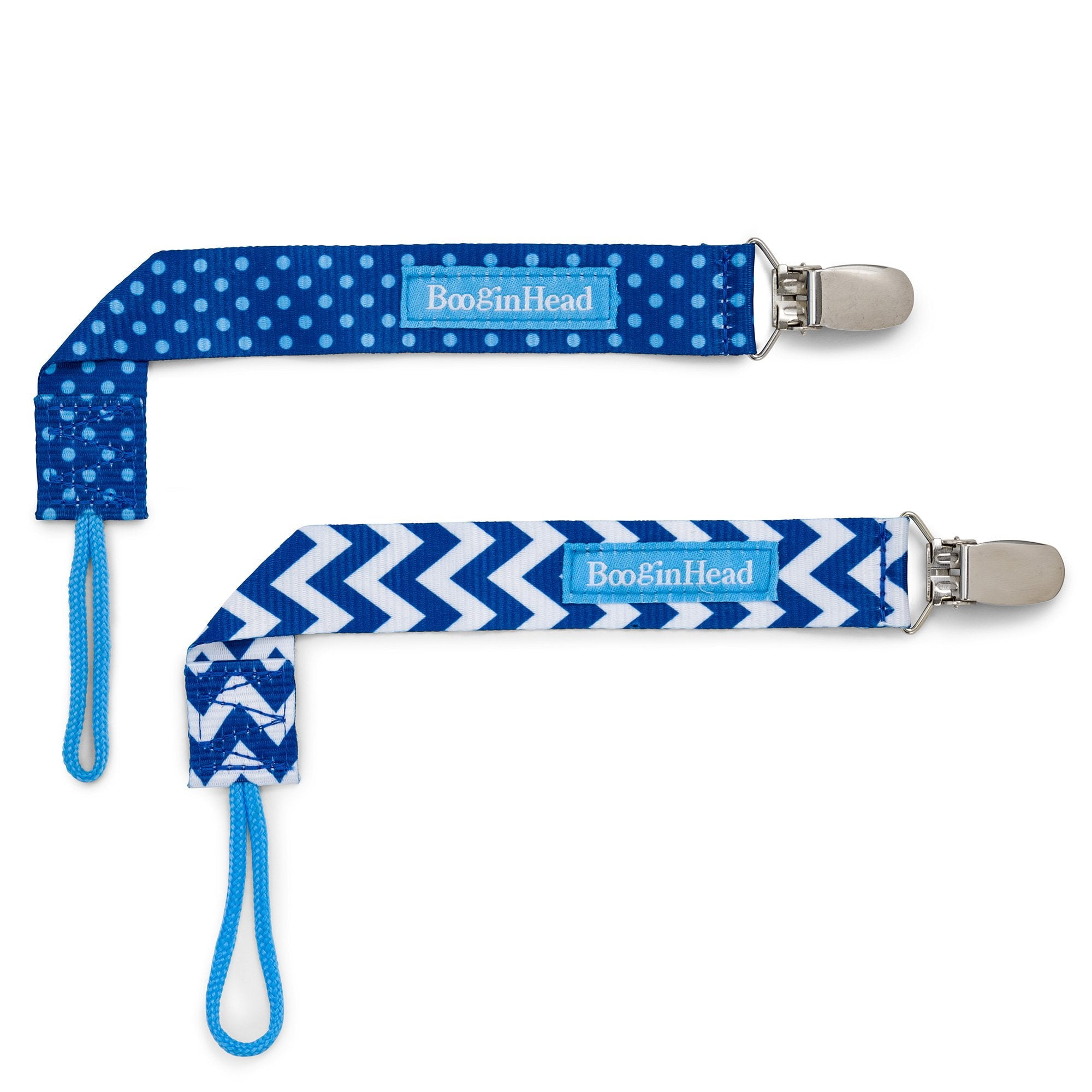 BooginHead Universal Pacifier Clips, Infant Toddler Boys and Girls, Blue Chevron Dots