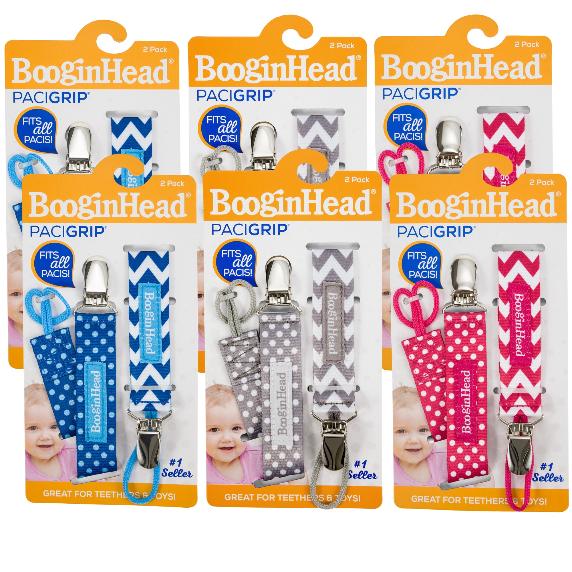 BooginHead Universal Pacifier Clips, Infant Toddler Boys and Girls, Pink Blue Gray